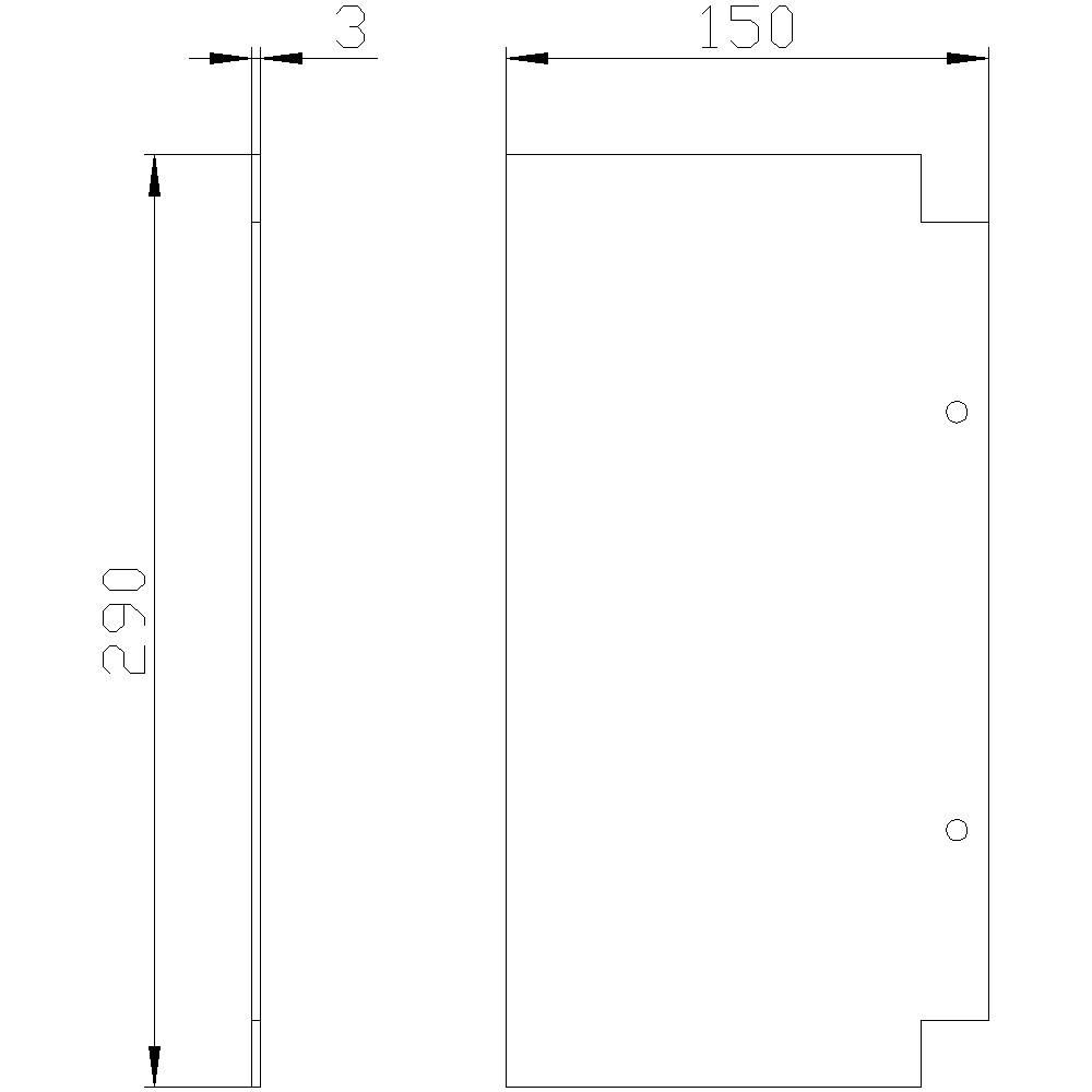 Technische Zeichnung eines rechteckigen Blechs mit Abmessungen. Links: Höhe 290 mm, Breite 3 mm. Rechts: Breite 150 mm, Einkerbung oben.