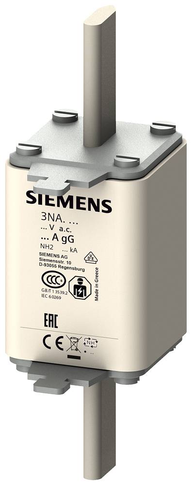 Sicherungseinsatz Siemens 3NA 3 gg, für 500 V AC, NH2, 400 A, mit technischem Datenaufdruck, geeignet für industrielle Anwendungen.
