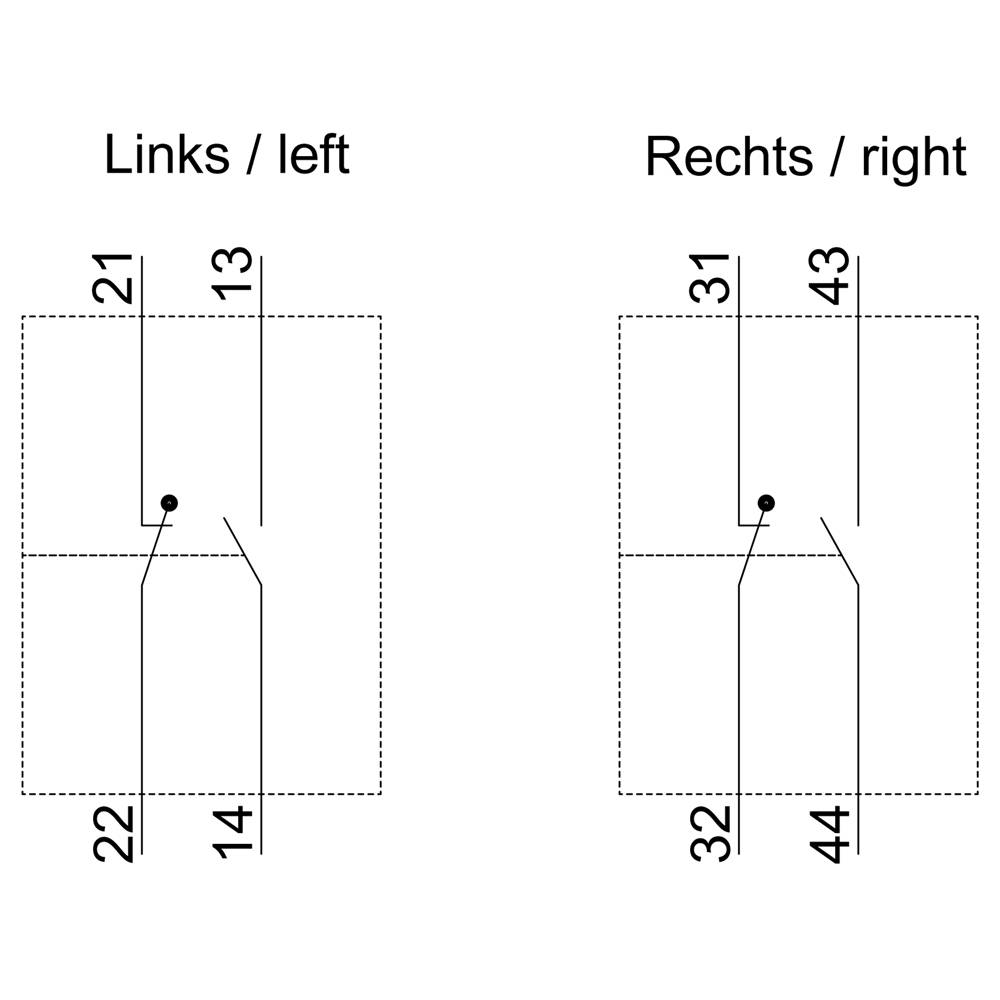 Diagramm zeigt Zahnschema: Links: Zähne 21, 22 oben; 13, 14 unten. Rechts: Zähne 31, 32 oben; 43, 44 unten. Striche verbinden Zähne.