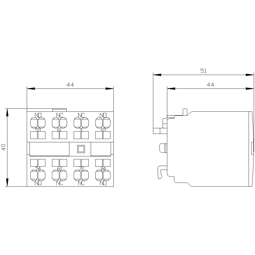 Technische Zeichnung eines elektrischen Bauteils, zeigt zwei Ansichten: Frontalansicht mit Kästchen und Seitenansicht mit Maßen 44x40 mm und 51 mm.