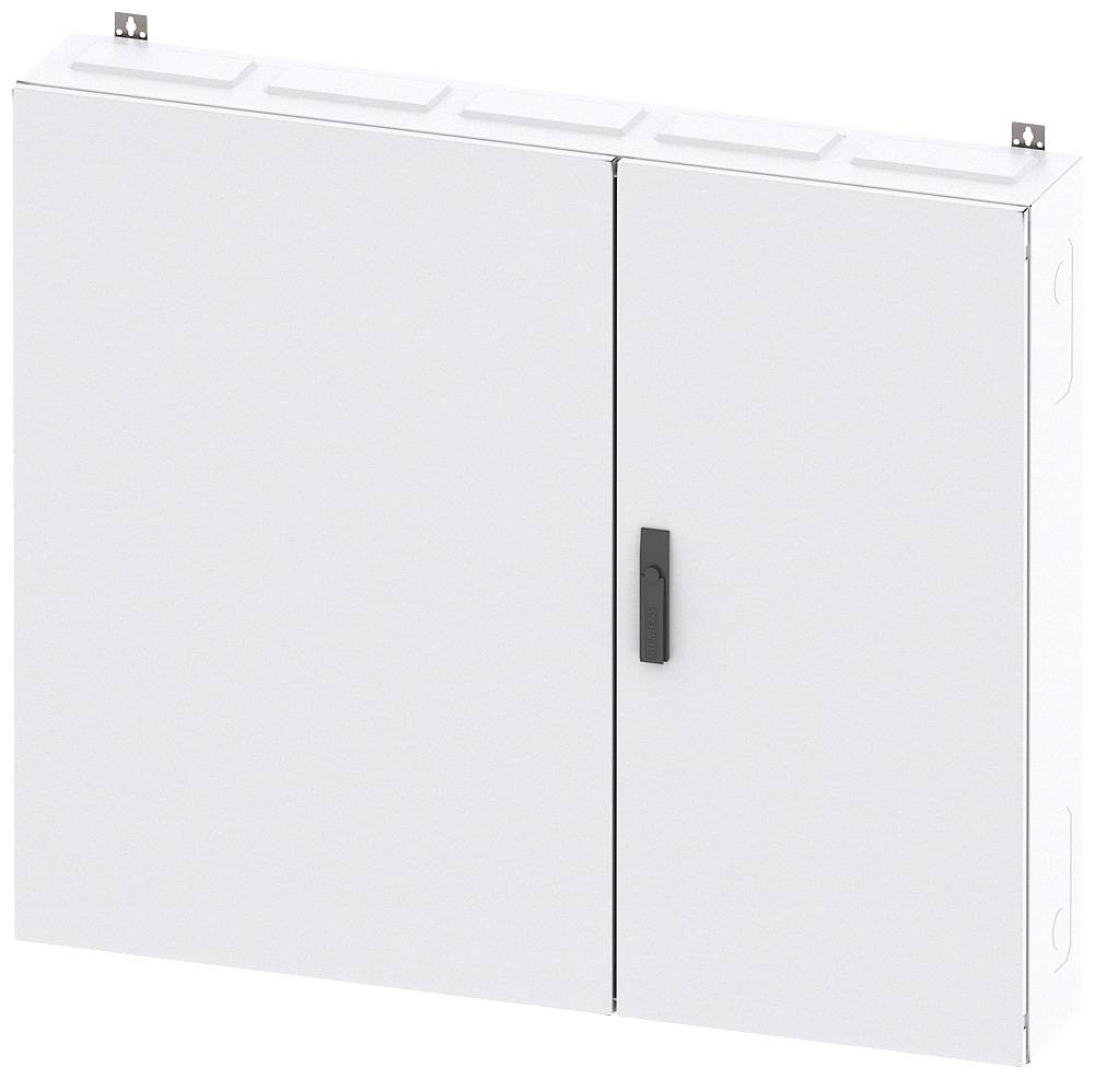 Ein weißer Schaltkasten mit Doppeltür und schwarzem Griff, an der Wand montiert.