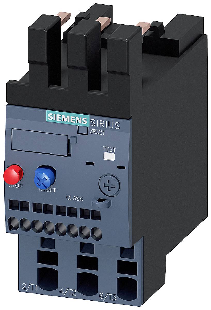 Industriekomponente: Überlastrelais von Siemens, Modell 'SIRIUS 3RU21' mit Knöpfen für 'Stop' und 'Reset' in einem schwarzen Gehäuse.