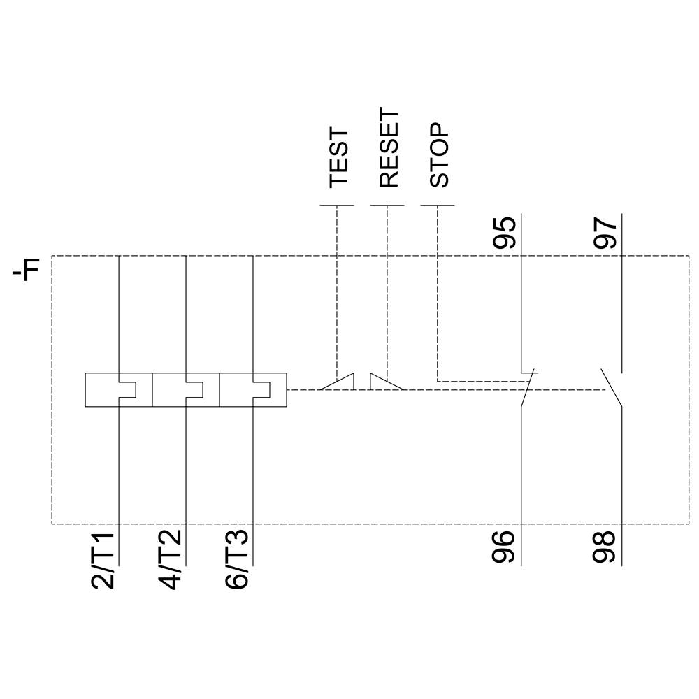 Elektroschema zeigt Schalter mit Beschriftungen 'TEST', 'RESET', und 'STOP' sowie Verbindungen zu Anschlüssen 2/T1, 4/T2, 6/T3.
