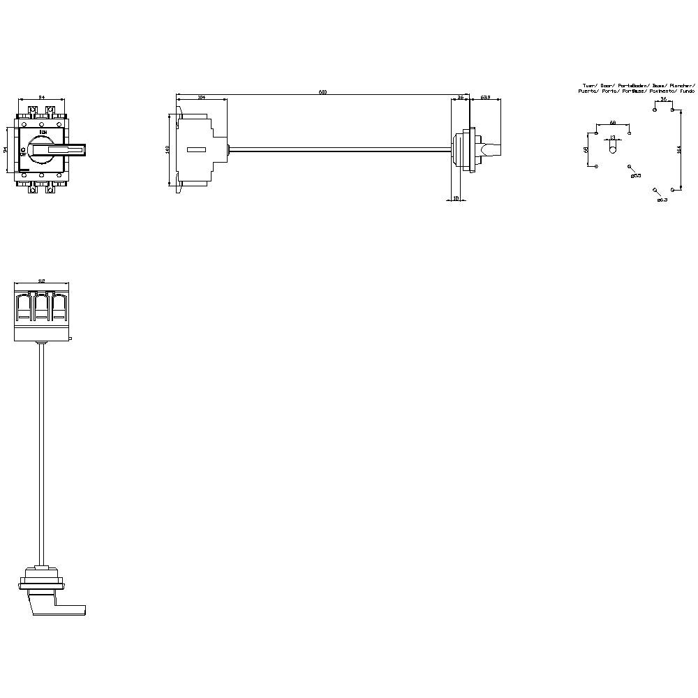 Technische Zeichnung eines Maschinenbauteils mit mehreren Ansichten. Zeigt Abmessungen, Proportionen und Anschlusspunkte.