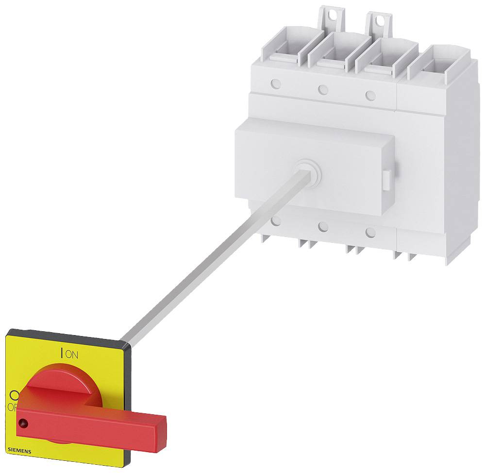 Schalter mit rot-gelbem Griff, auf 'An', verbunden mit einer dreipoligen elektrischen Komponente, zur Steuerung von Maschinen.