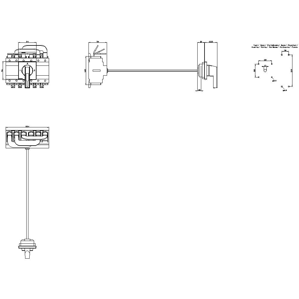 Technische Zeichnung eines mechanischen Bauteils mit drei Ansichten: Vorderansicht, Seitenansicht, Draufsicht. Maßangaben enthalten.