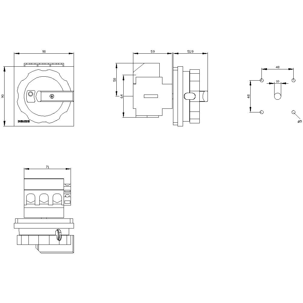 Technische Zeichnung eines Schalters von oben, vorne und seitlich. Maße und Details sind hervorgehoben. Seitenansicht zeigt Befestigung.<br><br>