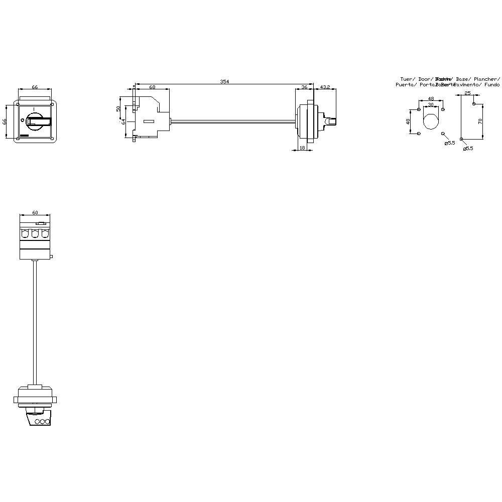 Technische Zeichnung eines Türdrehgebers, Maßeinheiten in Millimetern, zeigt Seiten- und Draufsicht mit Detailansicht der Anschlussklemme.