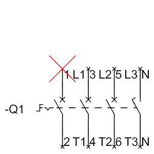 Stromkreis-Diagramm mit Schalter Q1, der L1, L2, L3 trennt. Kreuz auf L1 zeigt Trennung. Verbindungen zu T1, T2, T3 und N.