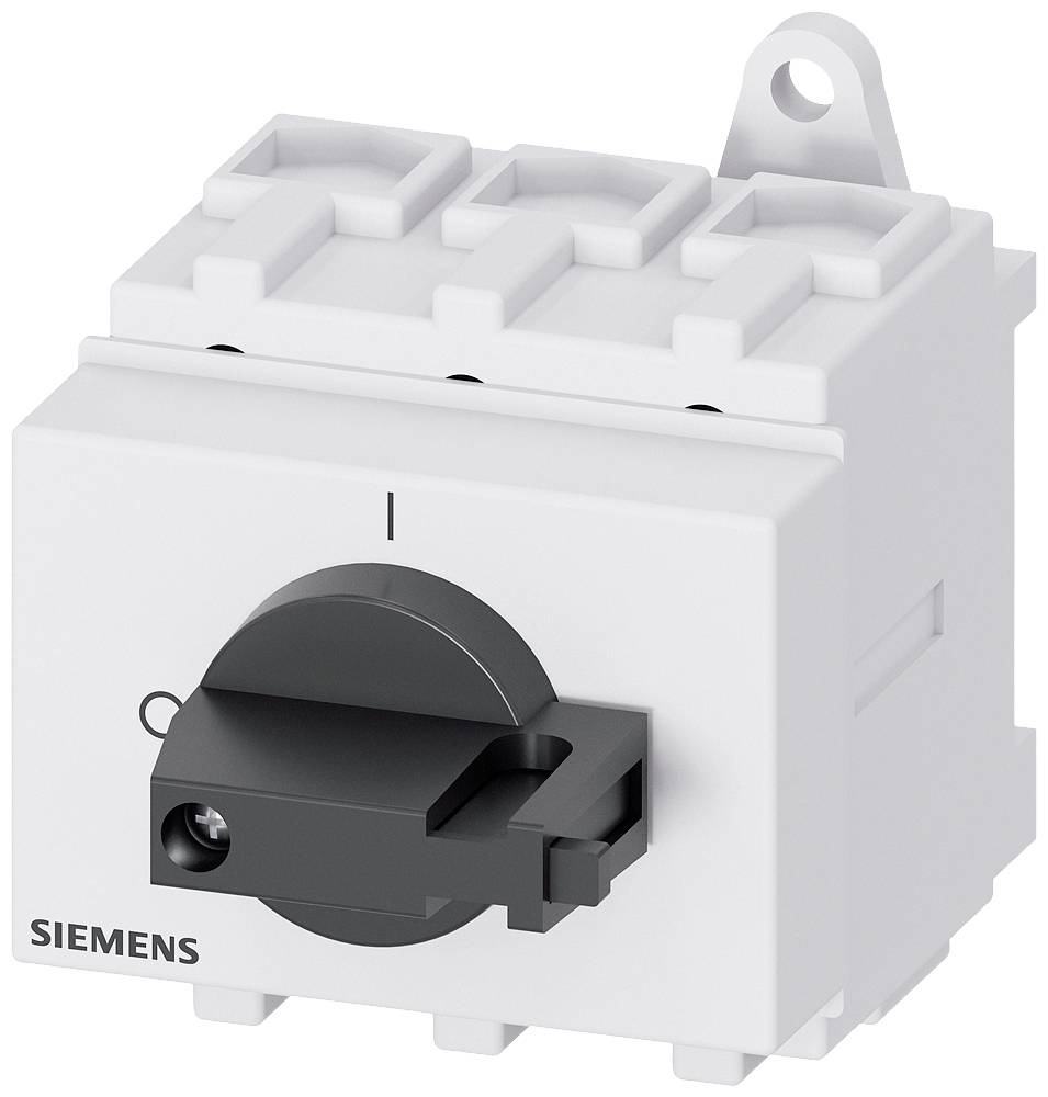 Drehschalter von Siemens in Weiß und Schwarz, mit Anzeige für 'I' (ein) und 'O' (aus), zur Steuerung elektrischer Geräte.