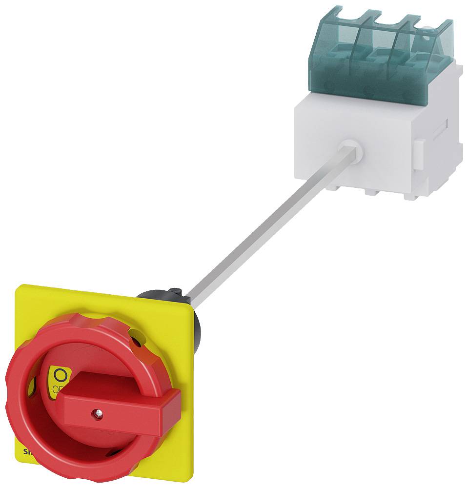 Elektrischer Hauptschalter mit rotem Drehgriff auf gelber Basis und grüner/weißer Rückseite zur Steuerung der Stromzufuhr.