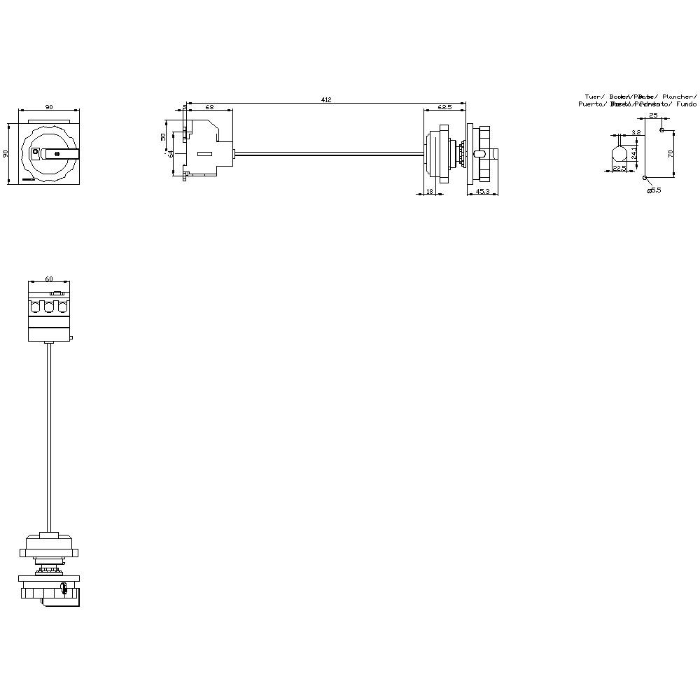 Technische Zeichnung zeigt eine mechanische Baugruppe mit Maßen, Ansichten und Beschriftungen. Hauptkomponenten: Arm, Welle, Lager.