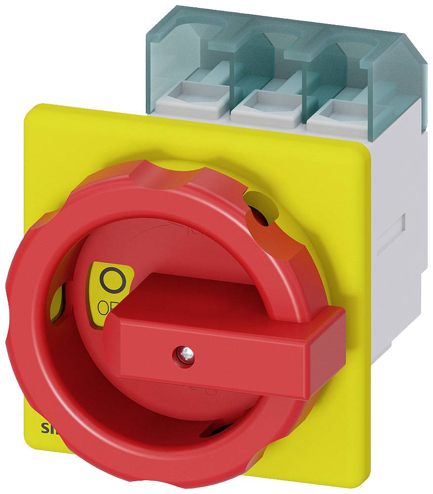 Ein roter Not-Aus-Schalter auf gelbem Hintergrund, verwendet in elektrischen Systemen zur Sicherheitstrennung.