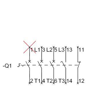 Ein Schaltplan mit mehreren sich kreuzenden Linien, Nummern, Buchstaben und einem roten 'X' über der Verbindung 'Q1 1L'.