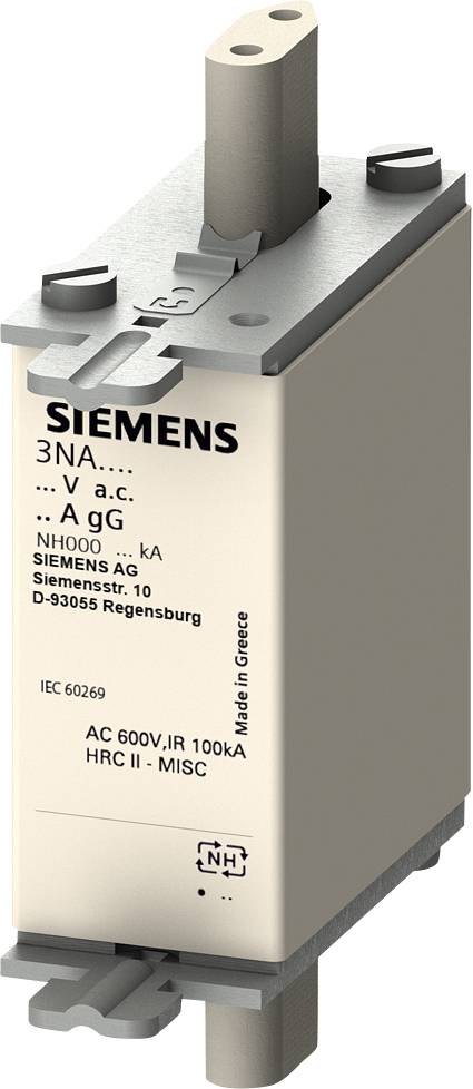 Sicherungs-Einsatz von Siemens, Typ NH000, 600V, 100kA mit der Produktbezeichnung 3NA.