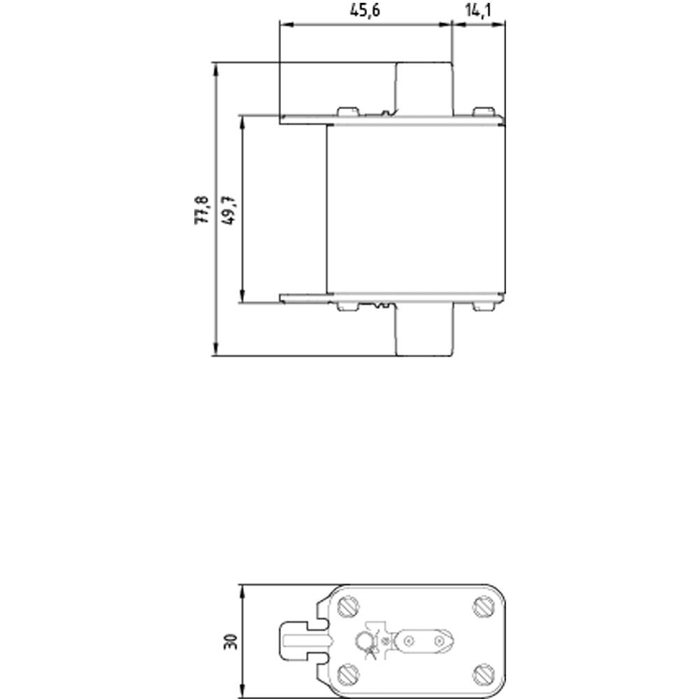 Technische Zeichnung eines mechanischen Bauteils mit Abmessungen. Oben: rechteckiges Teil mit Anschlüssen. Unten: Draufsicht auf Befestigungspunkte.