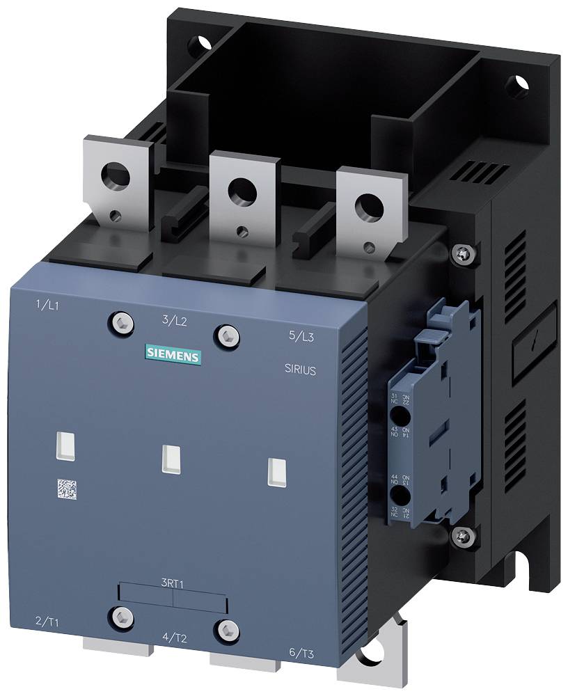 Ein dreipoliger elektrischer Schütz von Siemens mit markantem blauen Frontpanel und Anschlussklemmen für industrielle Anwendungen.