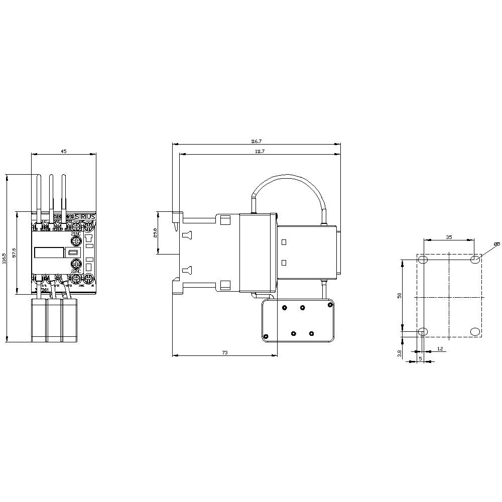 Technische Zeichnung eines elektronischen Bauteils mit Abmessungen und Komponenten. Links zeigt Schaltkreisdetails; rechts Gehäusemaße.
