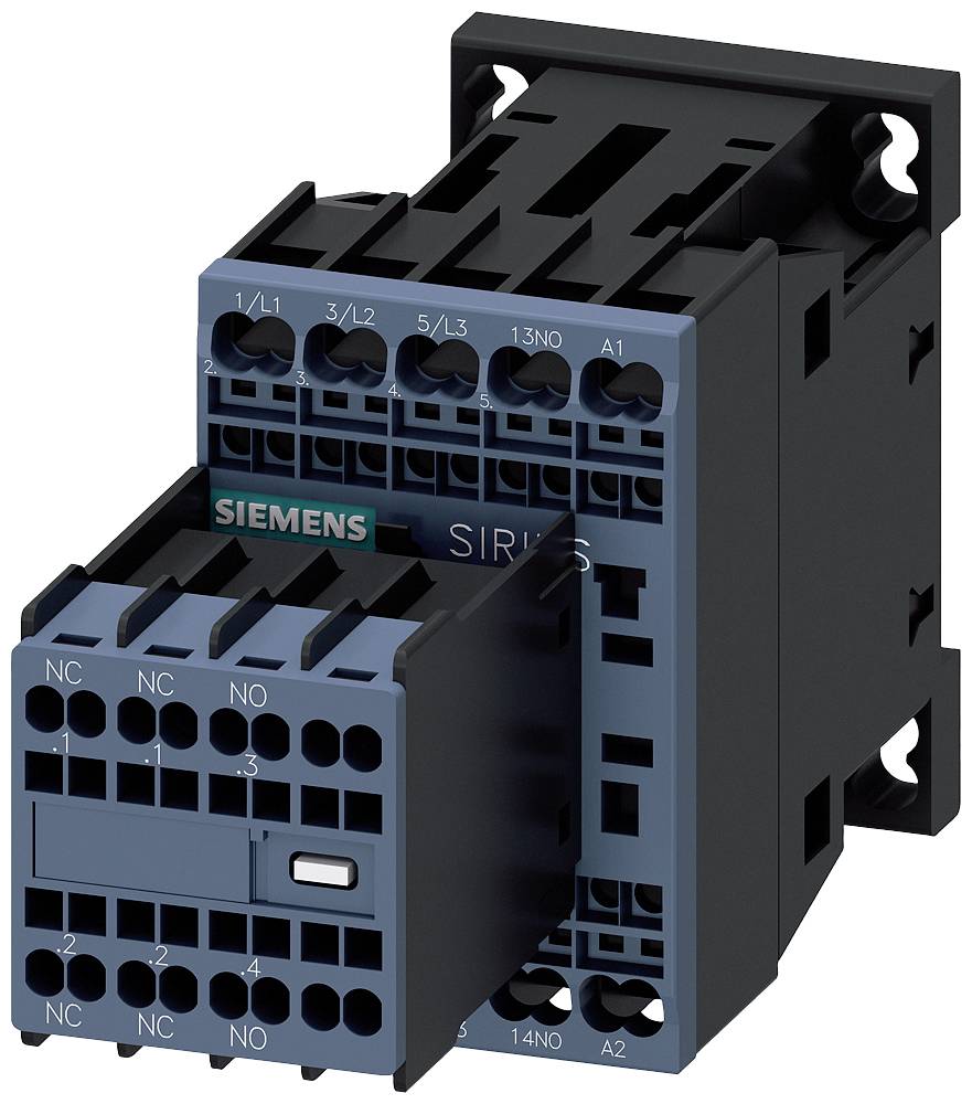 Ein elektrisches Schaltgerät von Siemens, speziell ein Leistungsschalter der Serie SIRIUS, mit mehreren Anschlüssen an der Vorderseite.