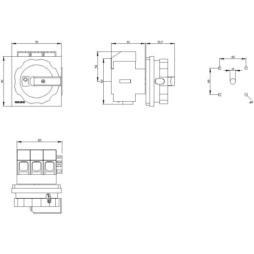 Technische Zeichnung eines Schalters mit drei Ansichten und genauen Maßangaben in Millimetern. Zeigt Drehmechanismus und Montagepunkte.