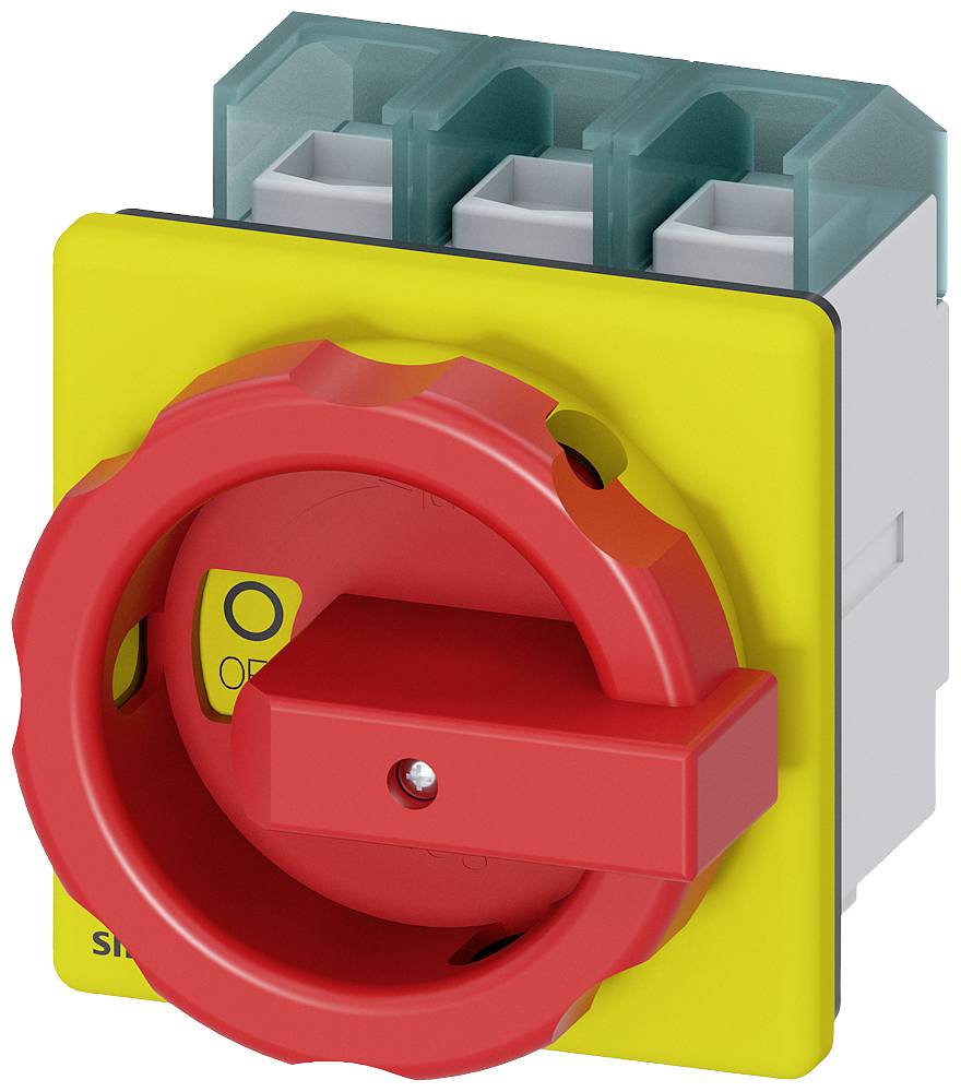 Ein roter Not-Aus-Schalter auf einem gelben Hintergrund. Der Schalter ist in der 'Aus'-Position. Im Hintergrund sind grüne und graue Anschlüsse sichtbar.