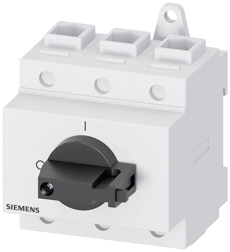 Ein elektrischer Hauptschalter von Siemens mit einem schwarzen Drehgriff, montiert auf einem weißen Gehäuse.