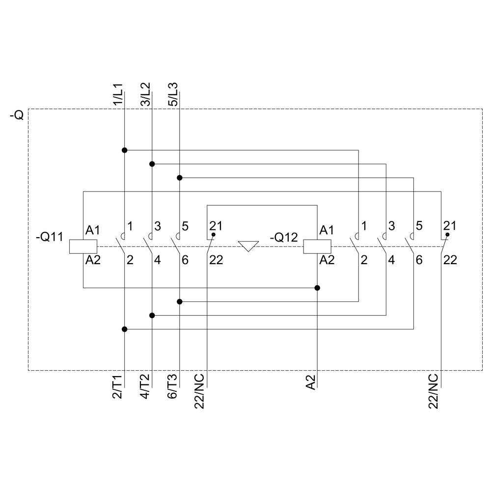Schaltplan: Q11 und Q12 steuern A1 und A2 mit Verbindungen zu 1/L1, 3/L2 und 5/L3. 2/T1, 4/T2, und 6/T3; zeigt Verdrahtung im Detail.
