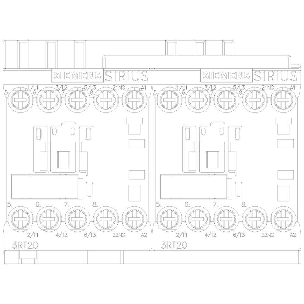 Zwei Schaltgeräte aus der Siemens SIRIUS Serie, mit den Bezeichnungen 3RT20, gezeigt in einem technischen Schaltplan.