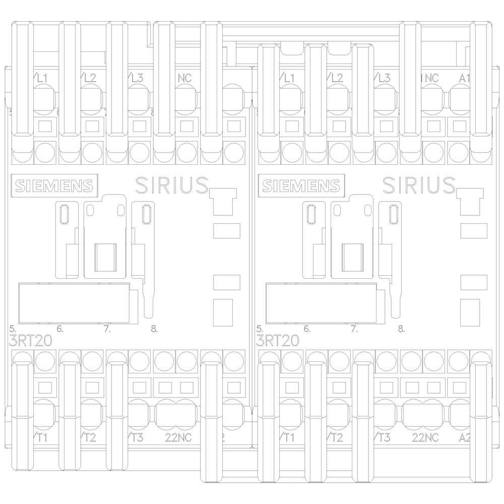 Technische Zeichnung zweier dreipoliger Siemens Sirius Schaltschütze mit Beschriftungen, Verbindungen und Kontakten.