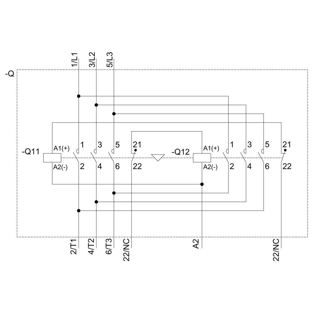 Schaltplan eines elektrischen Geräts mit Anschlüssen: 1/L1, 3/L2, 5/L3, -Q11, A1(+), A2(-), 2T1, 4T2, 6T3, 21, 22/NC, -Q12.