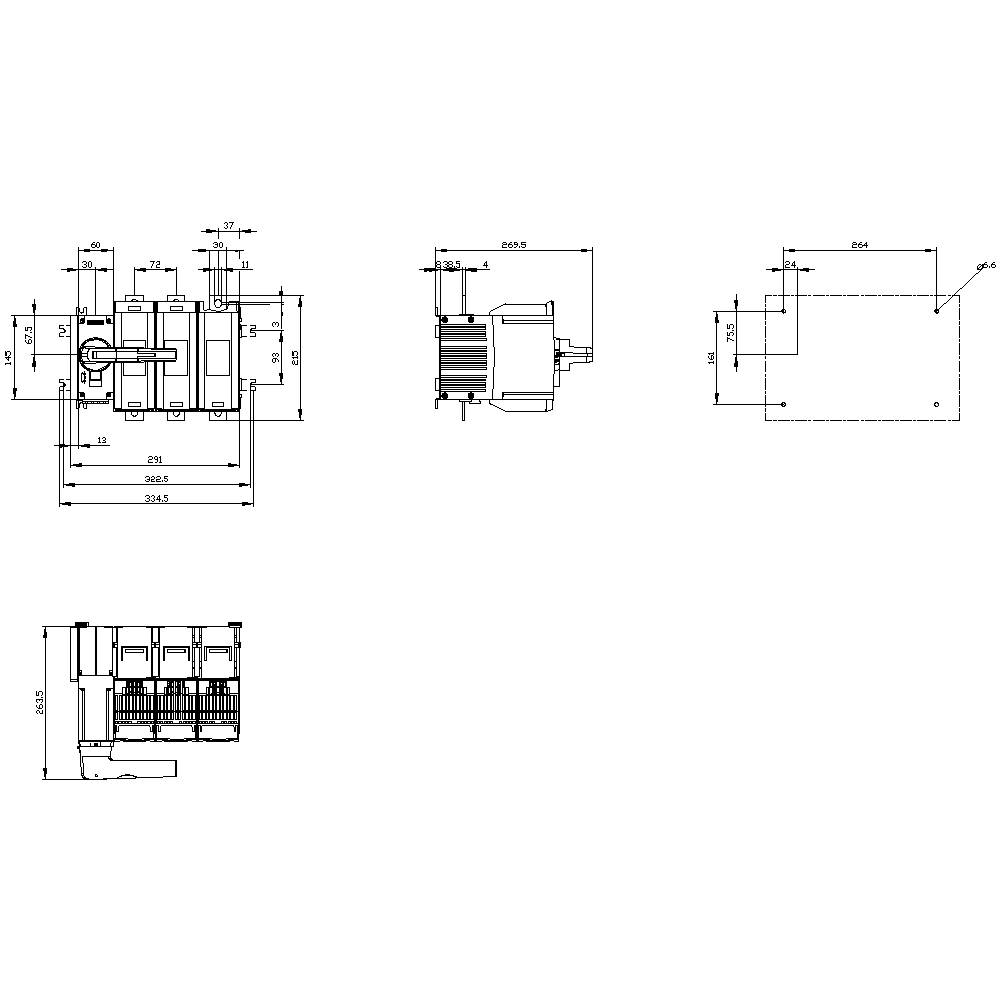 Technische Zeichnung zeigt eine elektrische Schalttafel mit Abmessungen und Ansichten von vorne, oben und Seite für Installationszwecke.