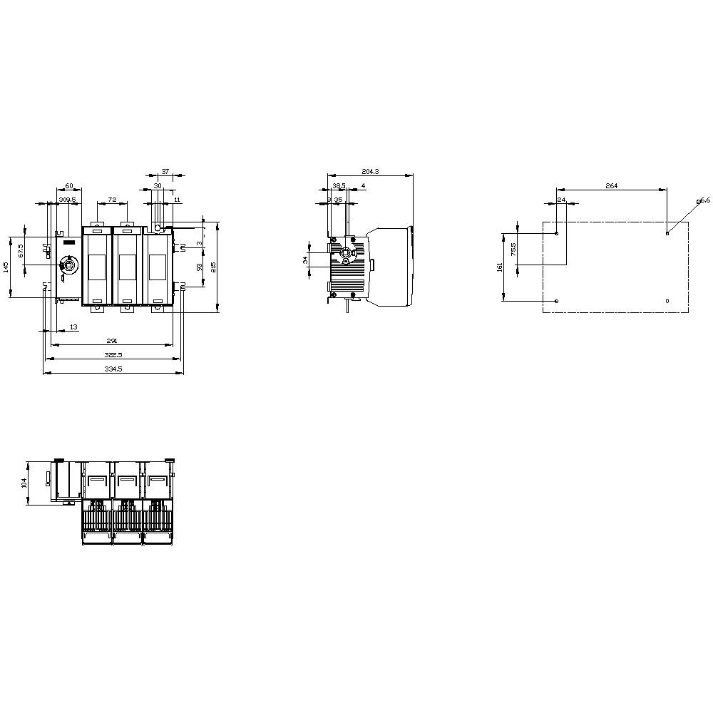 Technische Zeichnung eines elektrischen Schalters mit detaillierten Maßen in Millimetern. Draufsicht und Seitenansicht sind abgebildet.