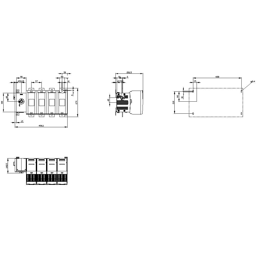Technische Zeichnung eines elektrischen Schaltkastens mit mehreren Ansichten und Maßen. Zeigt Layout und Dimensionen des Gehäuses.