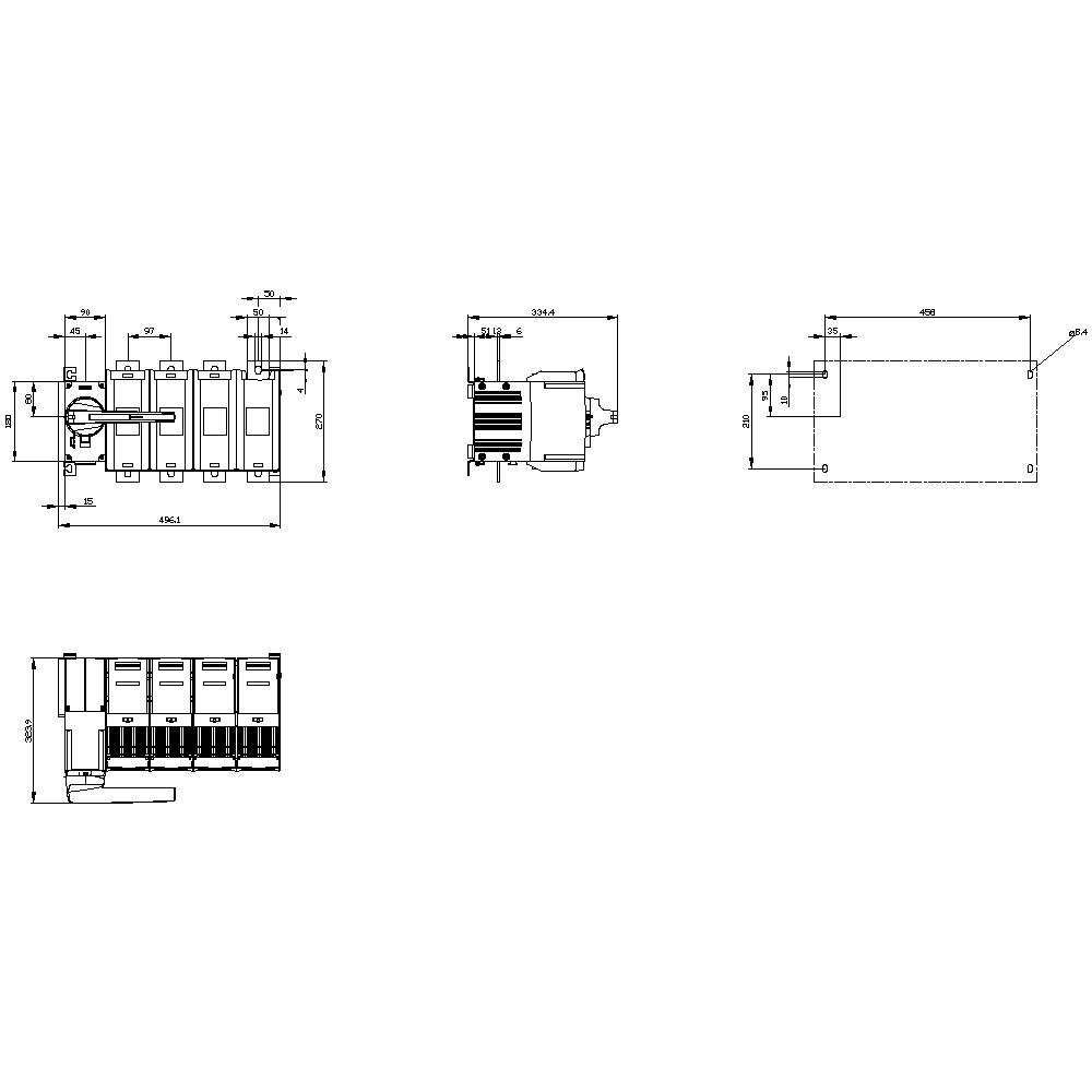 Technische Zeichnung eines mehrpoligen elektrischen Schalters mit strukturellen Details und Maßangaben in Millimetern.