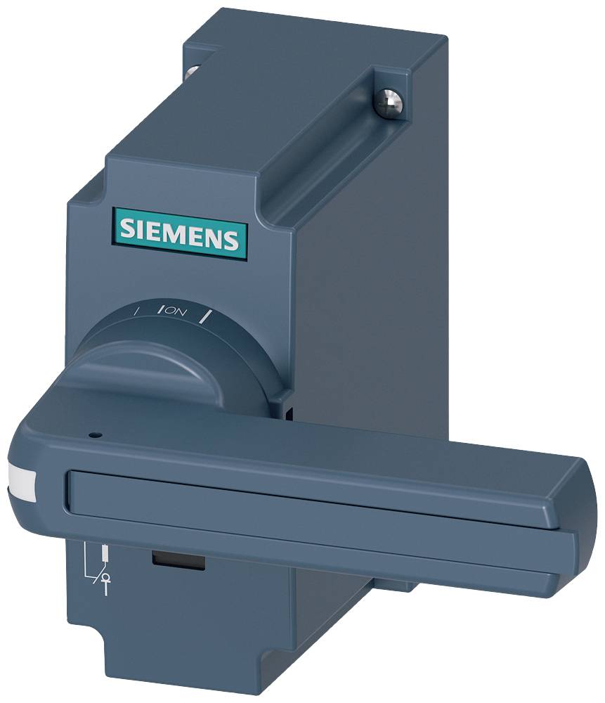 Ein grauer Siemens Hauptschalter mit ergonomischem Griff, in Neutralstellung, zur Steuerung elektrischer Geräte, an einer Wand montiert.