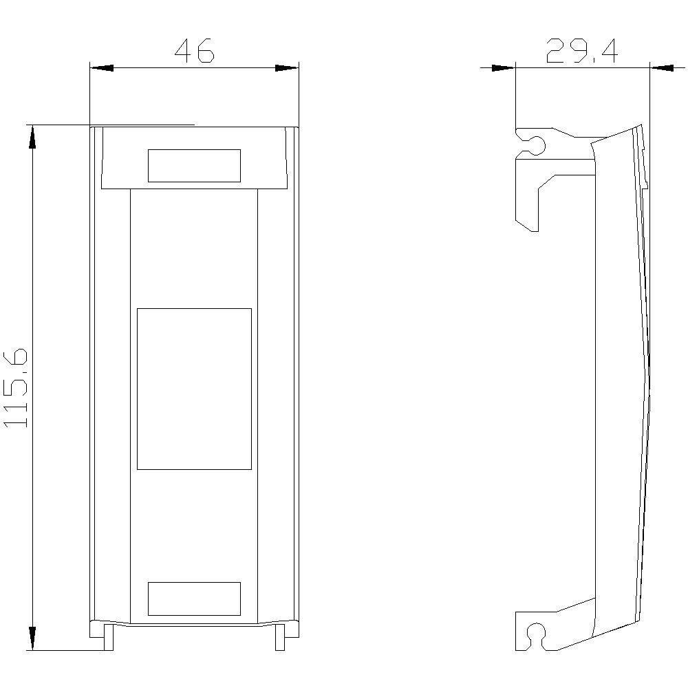 Technische Zeichnung eines rechteckigen Bauteils mit den Maßen 46 mm Breite, 115,6 mm Höhe und 29,4 mm Tiefe.