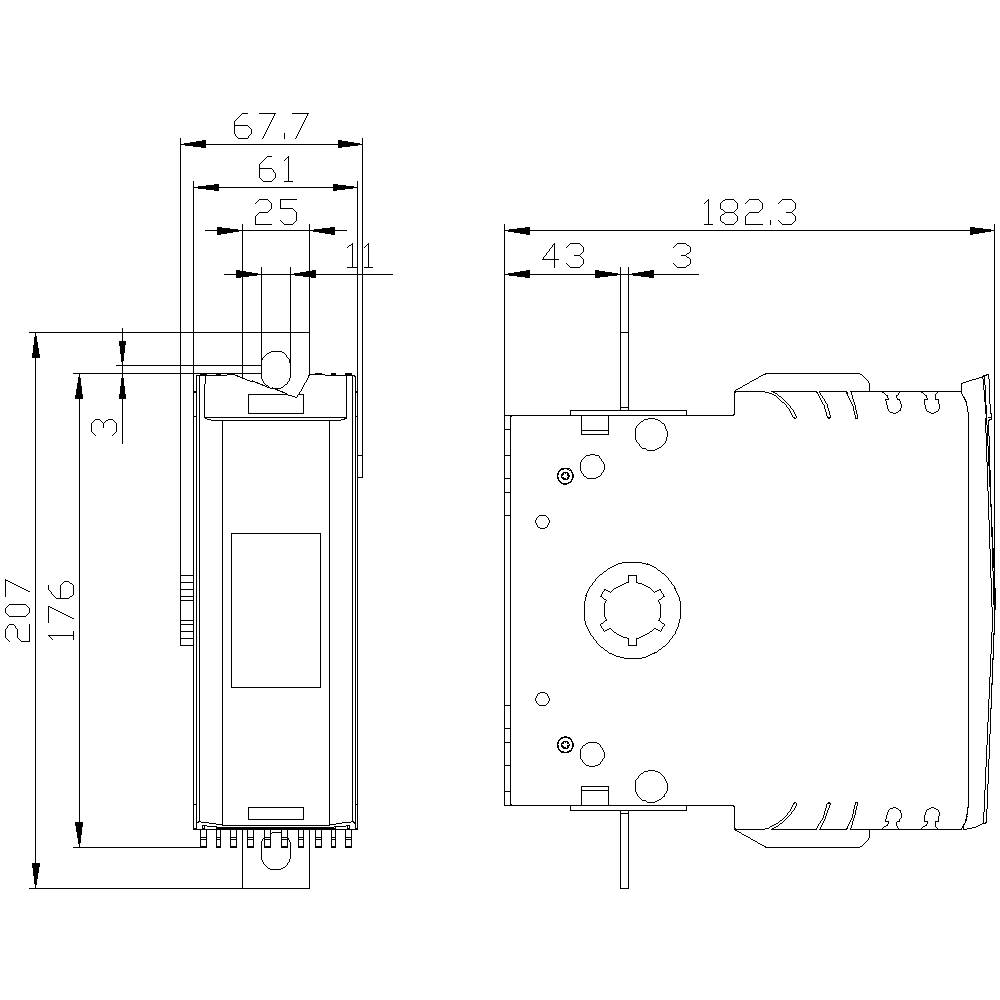 Technische Zeichnung eines Geräts mit Abmessungen: Höhe 207 mm, Breite 67,7 mm, Tiefe 182,3 mm, perspektivische Ansichten von vorne und von der Seite.