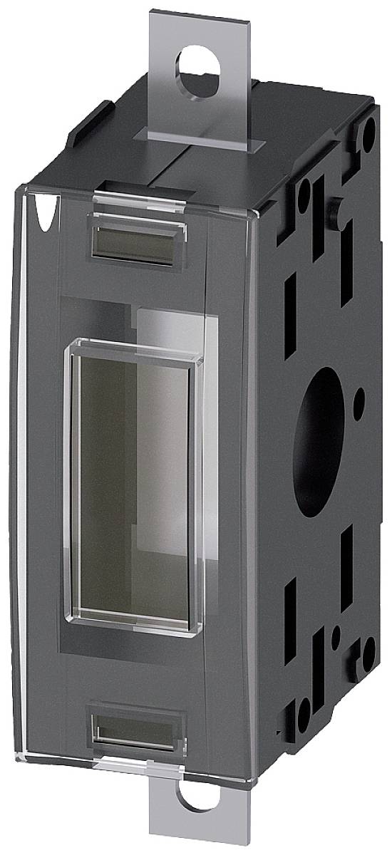 Ein rechteckiger, schwarzer elektrischer Schalter mit transparentem Fenster und zwei silbernen Montagehalterungen oben und unten.