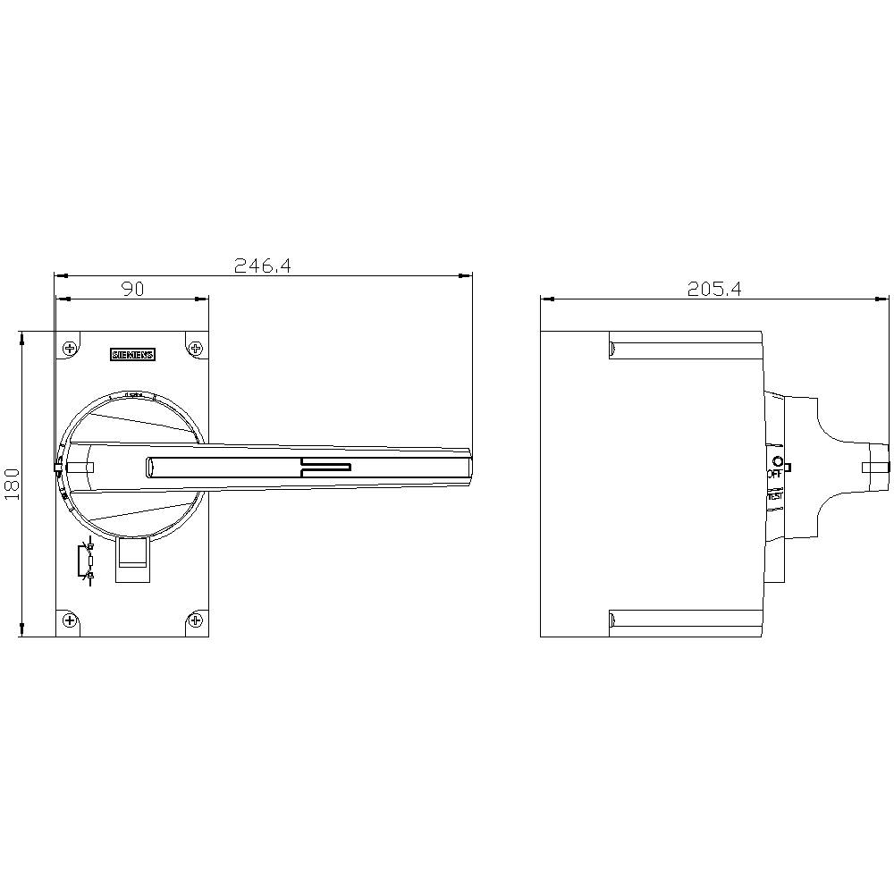 Technische Zeichnung eines Türgriffs mit Maßen: Gesamtlänge 246,4 mm, Breite 180 mm, Rückstellmechanismus bei 90 mm. Profilansicht gezeigt.