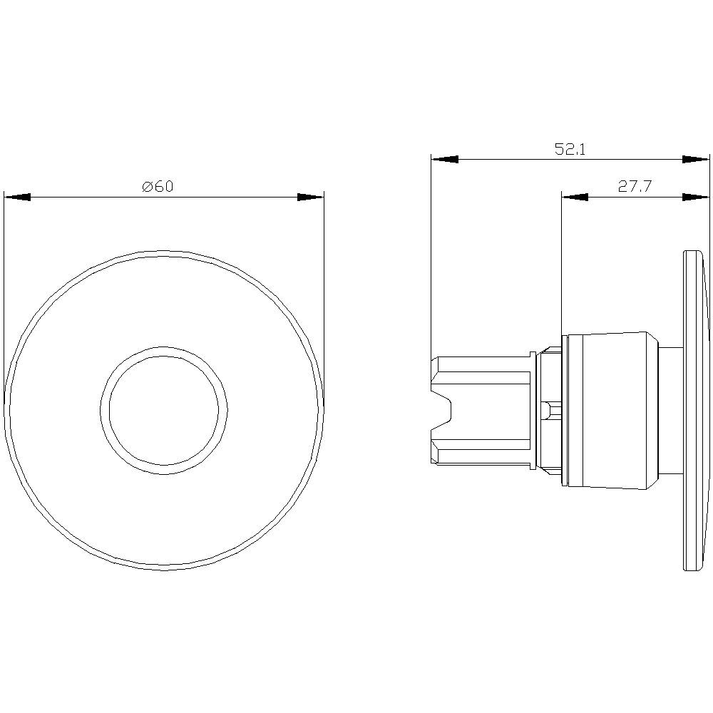 Technische Zeichnung eines runden Bauteils mit Bemaßungen: Durchmesser 60 mm, Seitenlänge 52,1 mm, Tiefe 27,7 mm.