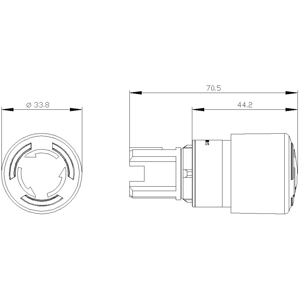 Zeichnung eines zylindrischen Bauteils mit Maßen: Durchmesser 33,8 mm, Länge 70,5 mm, nutzbare Länge 44,2 mm. Draufsicht und Seitenansicht.
