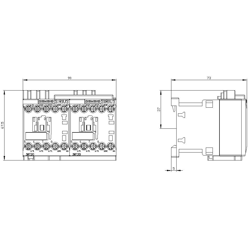 Technische Zeichnung eines SIRIUS Schütz, Ansichten von vorne und von der Seite, mit Abmessungen: Breite 90 mm, Tiefe 73 mm.