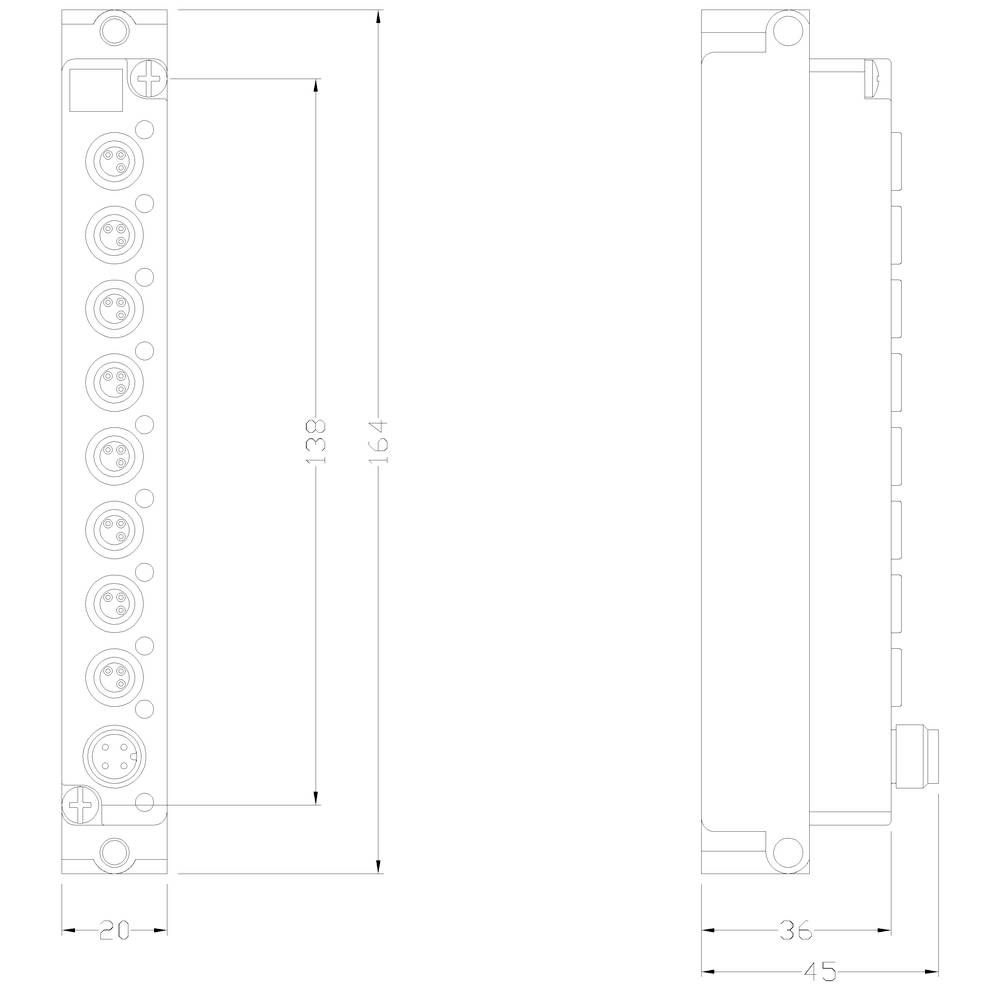 Technische Zeichnung eines elektronischen Geräts mit Abmessungen: Höhe 164 mm, Breite 20 mm, Tiefe 45 mm. Zeigt Anschlüsse und Gehäusedetails.
