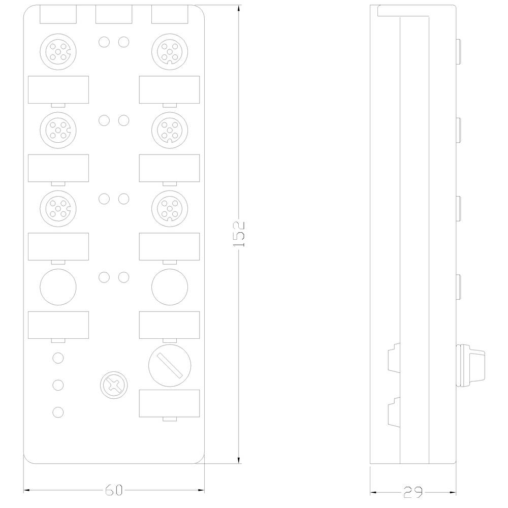 Technische Zeichnung eines rechteckigen elektronischen Geräts mit Maßen: 152 mm x 60 mm x 29 mm. Enthält Steckverbindungen oben.