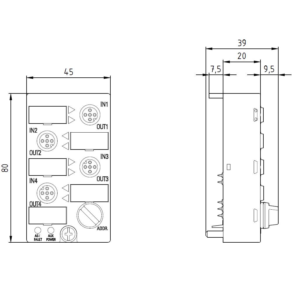 Technische Zeichnung eines elektrischen Moduls mit Anschlüssen und Abmessungen: 80x45 mm, zeigt Seiten- und Vorderansicht.