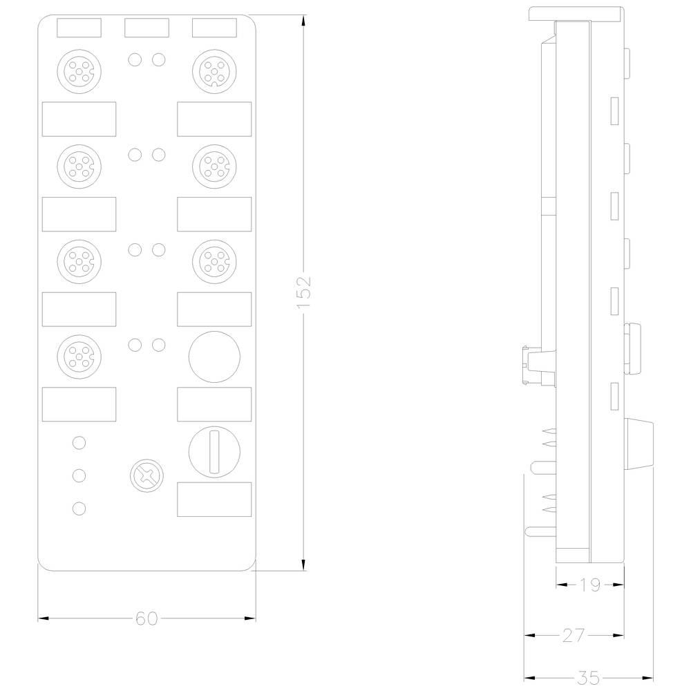 Technische Zeichnung eines elektrischen Moduls: Vorderansicht zeigt acht runde Steckverbindungen, Maße 60x152mm; Seitenansicht zeigt Tiefe 35mm.