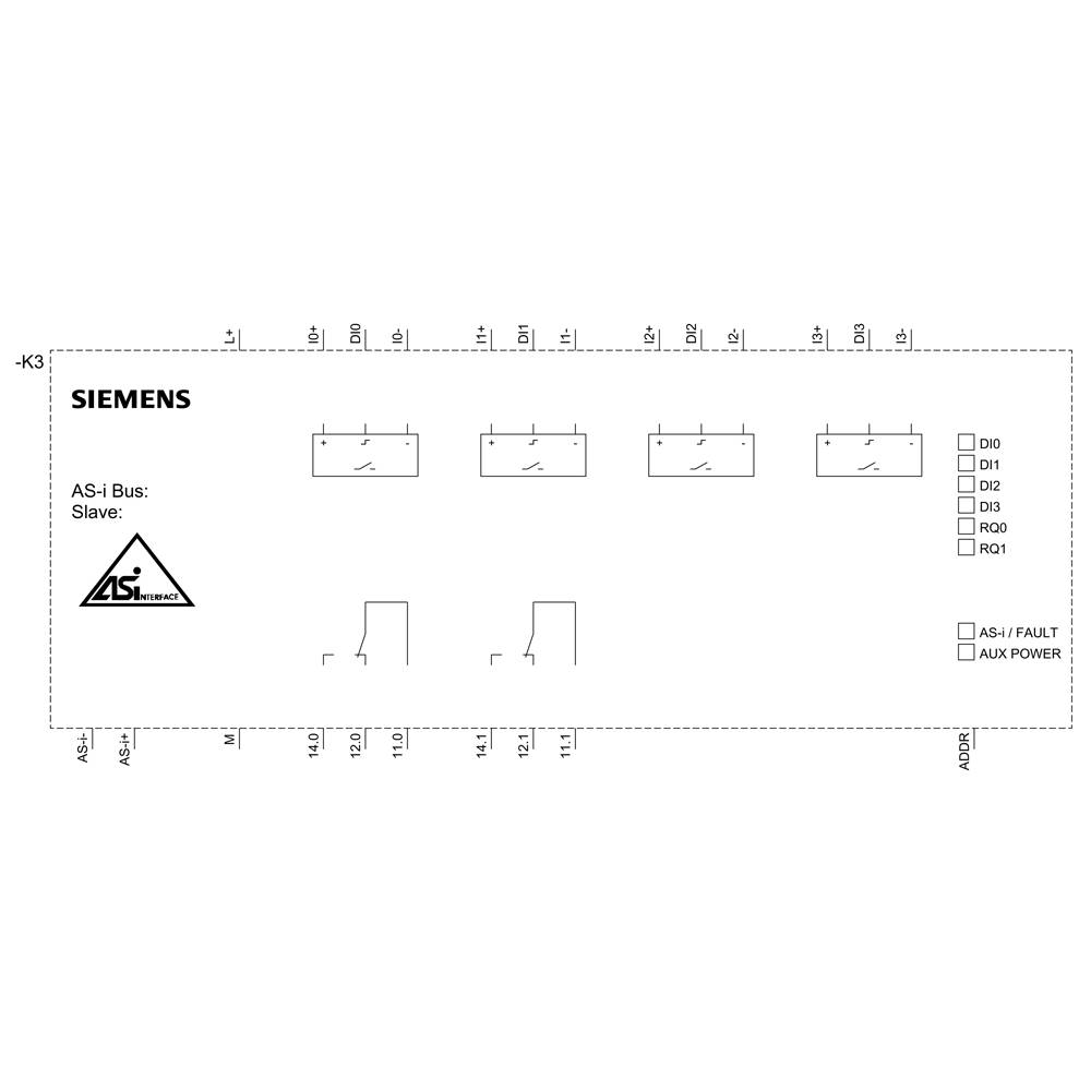 Steuerungsdiagramm eines Siemens AS-i Bus Moduls, zeigt Verbindungen für Eingänge D0-D3 und Ausgänge R00-R01, mit Fehler- und Stromanzeige.