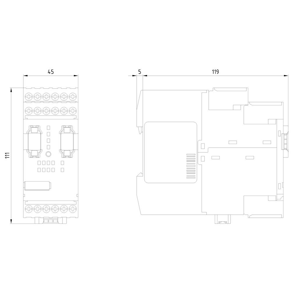Technische Zeichnung eines elektronischen Geräts mit Maßen: 111x45mm (links) und 119x5mm (rechts). Details der Anschlüsse sichtbar.