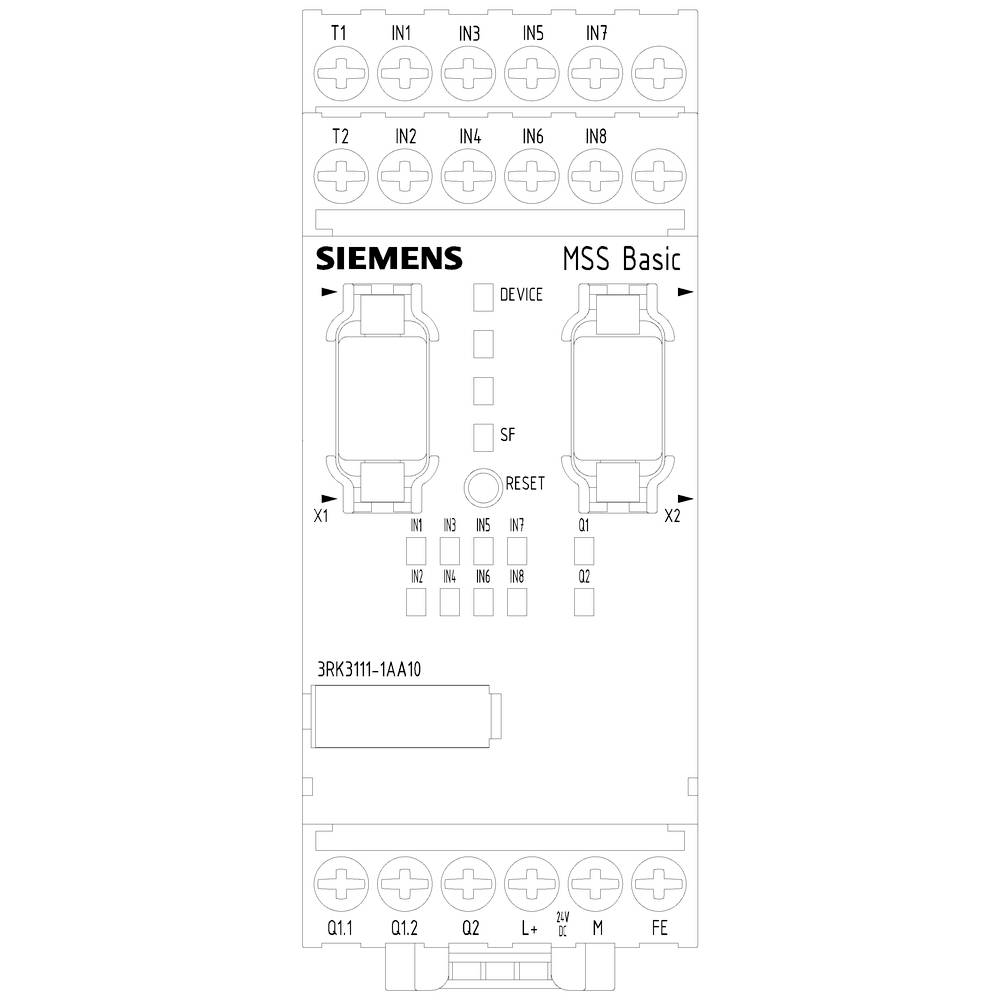 Ein Sicherheitsmodul von Siemens, Modell MSS Basic, mit mehreren Ein- und Ausgängen, LEDs für Statusanzeigen und Reset-Taste.