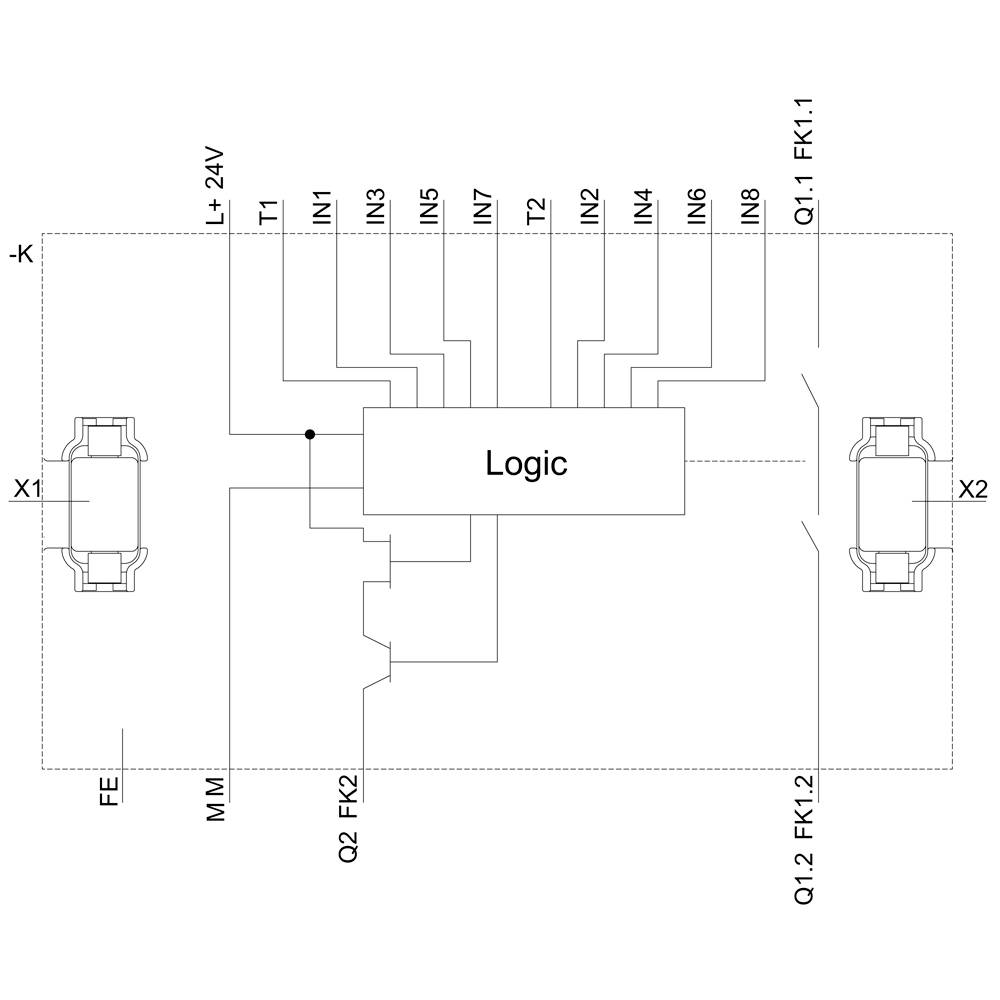 Schaltplan eines logischen Schaltkreises mit zwei Anschlüssen (X1, X2) und mehreren Eingängen (IN1-IN6), zeigt Verbindungen und Logikblock.